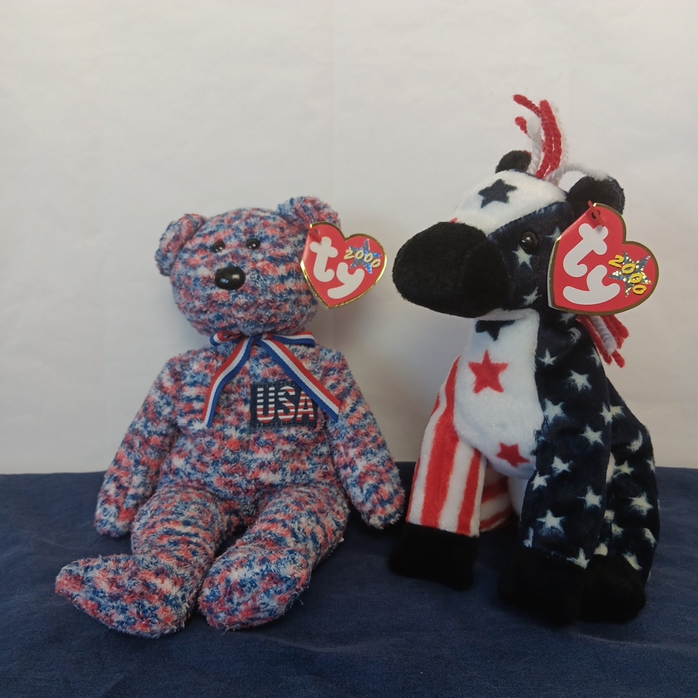 Ty Beanie Babies 2000 USA Bear And Lefty Donkey Plush Fourth of July